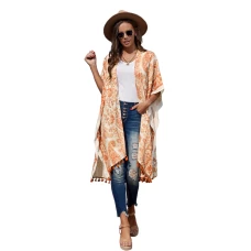 Burnt Orange Boho Paisley Printed with Tassel Detail Open Front Midi Cover Up 
